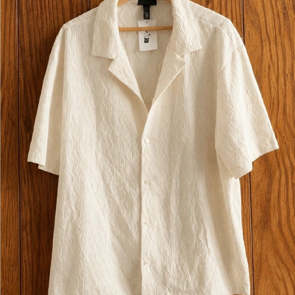 H&M Men's Short Sleeve Button-Down Camp Collar Shirt - Cream